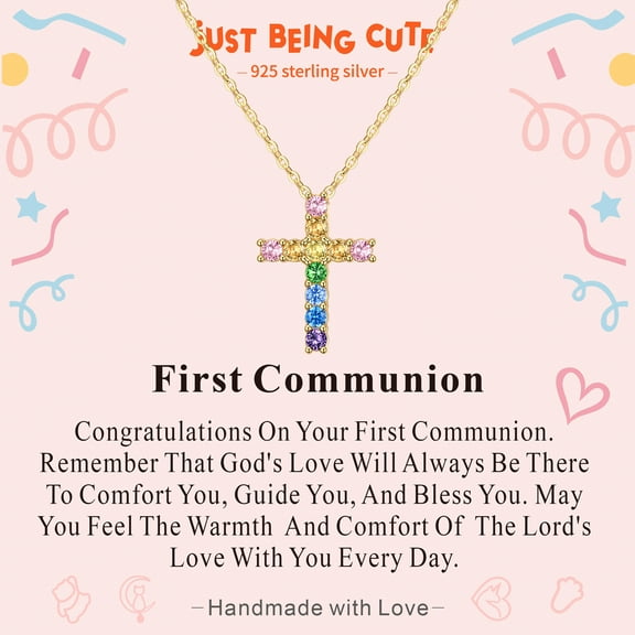 Just Being Cute Cross Necklace for Women, 925 Sterling Silver Necklaces 5A Cubic Zirconia Pendants for Her/Girlfriend Baptism Christian Jewelry Gifts with First Communion Card