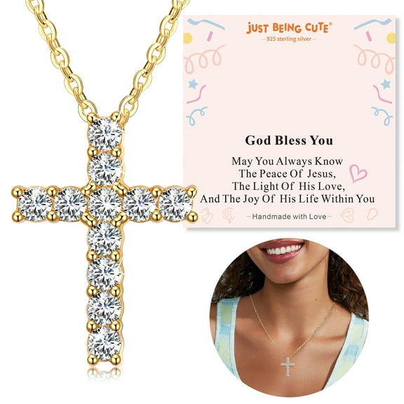 Just Being Cute Cross Necklace for Women, God Bless You Cubic Zirconia Pendant Necklaces for Girlfriend/Mom Baptism Christian Jewelry Gifts with Card
