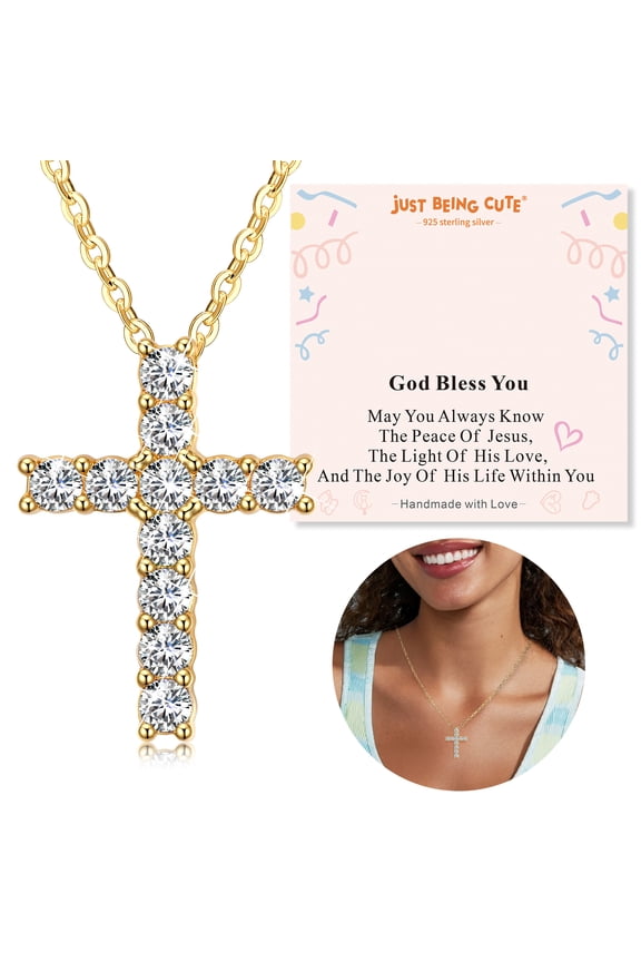 Cross Necklace for Women, God Bless You Cubic Zirconia Pendant Necklaces for Girlfriend/Mom Baptism Christian Jewelry Gifts with Card