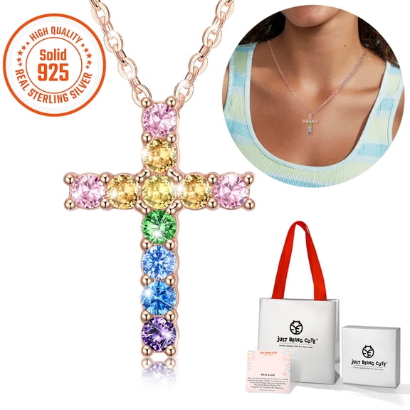 Just Being Cute Cross Necklace for Women 925 Sterling Silver Necklaces 5A Cubic Zirconia Pendant Valentines Day Jewelry Gifts for Her Girlfriend Wife with Dear Lord Card