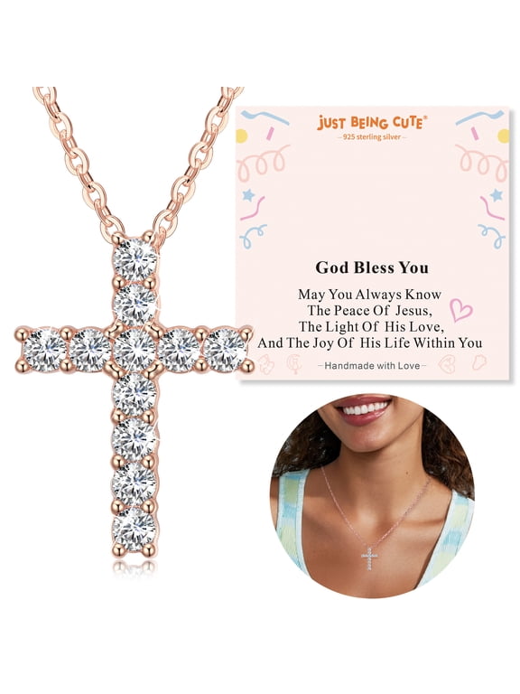 Cross Necklace for Women, Cubic Zirconia Cross Pendant 925 Sterling Silver Jewelry Gifts for Her with God Bless You Card, Baptism/Graduation