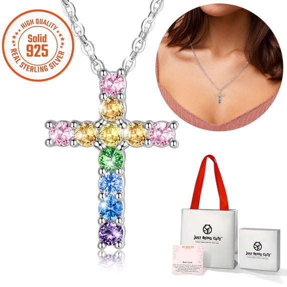 JustBeingCute Silver Cross Necklace for Girls, Dear Lord Colorful Cubic Zircon Pendant Necklace Valentines Day Jewelry Gifts Teen Her Girlfriend Wife Women Adults Kids Age Ideas