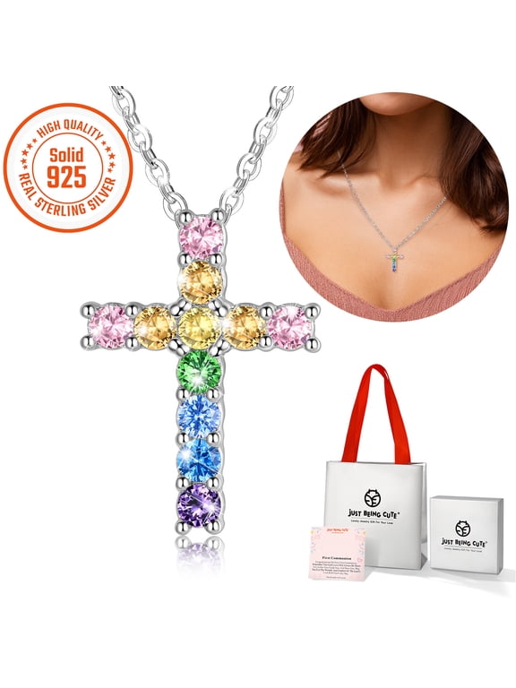 JustBeingCute Real Sterling Silver Cross Necklace for Women Girls, Colorful Zirconia Cross Faith Pendant Necklaces First Communion Graduation Mothers Day Jewelry Gifts Her/Mom