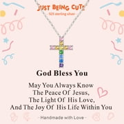 JUST BEING CUTE JustBeingCute Silver Cross Necklace for Girls, God Bless You Colorful Cubic Zircon Pendant Necklace for Women Baptism Easter Jewelry Gifts with Card