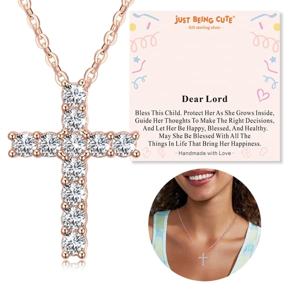 Just Being Cute Cross Necklace for Women, Cubic Zirconia Cross Pendant 925 Sterling Silver Jewelry Gifts for Her with Dear Lord Card, Baptism/Graduation