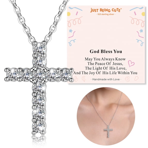 Just Being Cute Cross Necklace for Women, Cubic Zirconia Cross Pendant 925 Sterling Silver Jewelry Gifts for Her with God Bless You Card, Baptism/Graduation