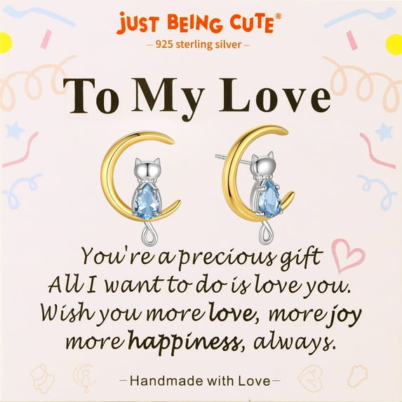 Just Being Cute Cat Moon Earrings for Women, 925 Pure Sterling Silver Earrings March Birthstone Studs To My Love Birthday Mothers Day Jewelry Gifts Her Wife Lady Adults Ideas