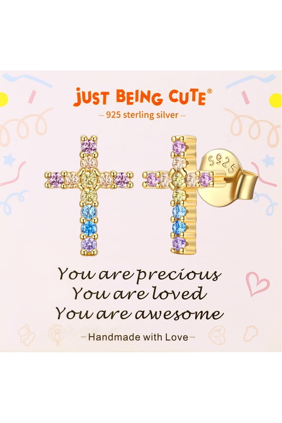 Gold Plated Cross Earrings for Women, 925 Real Sterling Silver Stud Earring with Cubic Zirconia God Bless You Baptism Easter Basket Stuffers Jewelry Gifts Her Mom Adults Age Ideas