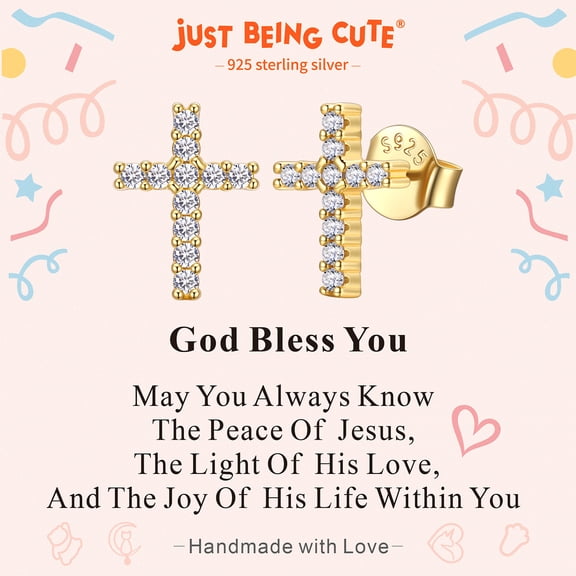 Just Being Cute Gold Plated Cross Earrings for Women, Real Sterling Silver Stud Earring with Cubic Zirconia God Bless You Baptism Birthday Mothers Day Jewelry Gifts Her Mom Adults Age Ideas