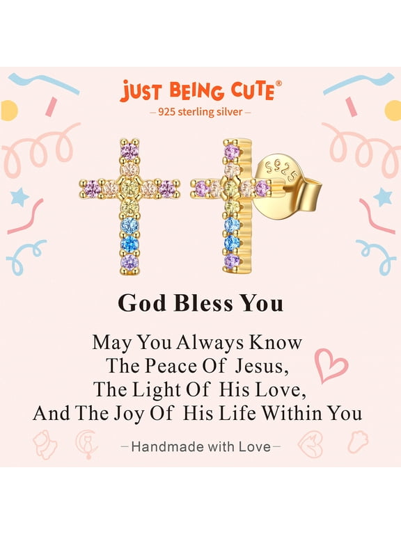 Gold Plated Cross Earrings for Women, Hypoallergenic Tiny Cross Studs, Colorful CZ Faith Jewelry with Card, Religious Baptism Christmas Stocking Stuffer Gift for Mom Wife