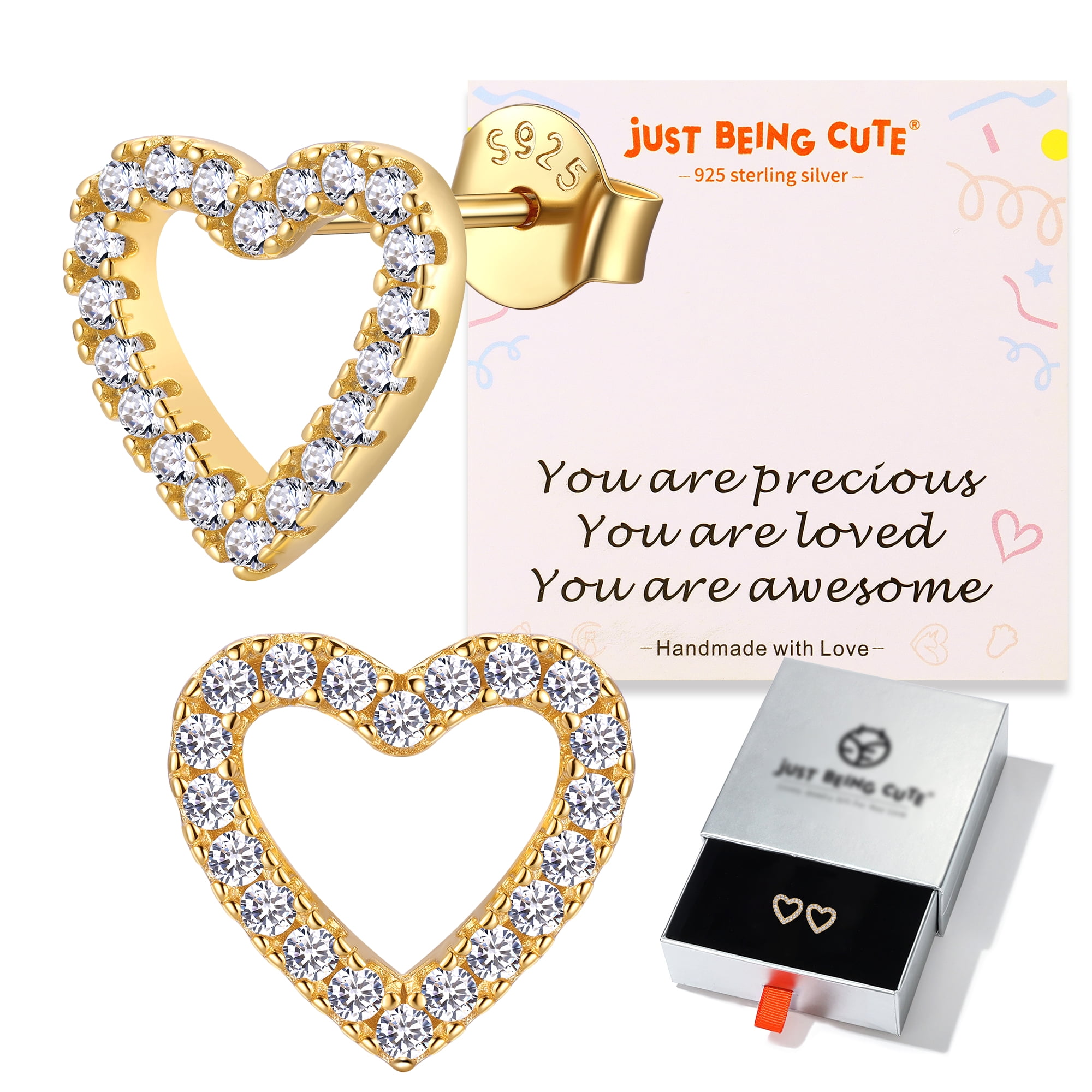 Just Being Cute Real Sterling Silver Heart Earrings for Women 14K Gold Plated Stud Earring with White Zircon Mothers Day Jewelry Gifts Her Girlfriend Wife Adults Age Ideas
