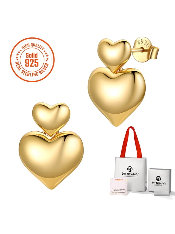 Hypoallergenic Heart Earrings for Women, Real 925 Sterling Silver Heart Stud Earrings Jewelry Gifts for Birthday Graduation - 14K Gold Plated
