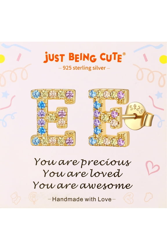 Initial Earrings for Women Rainbow Cubic Zirconia Letter Stud Earring Hypoallergenic Alphabets E Studs Birthday Christmas Jewelry for Her with Gift Card