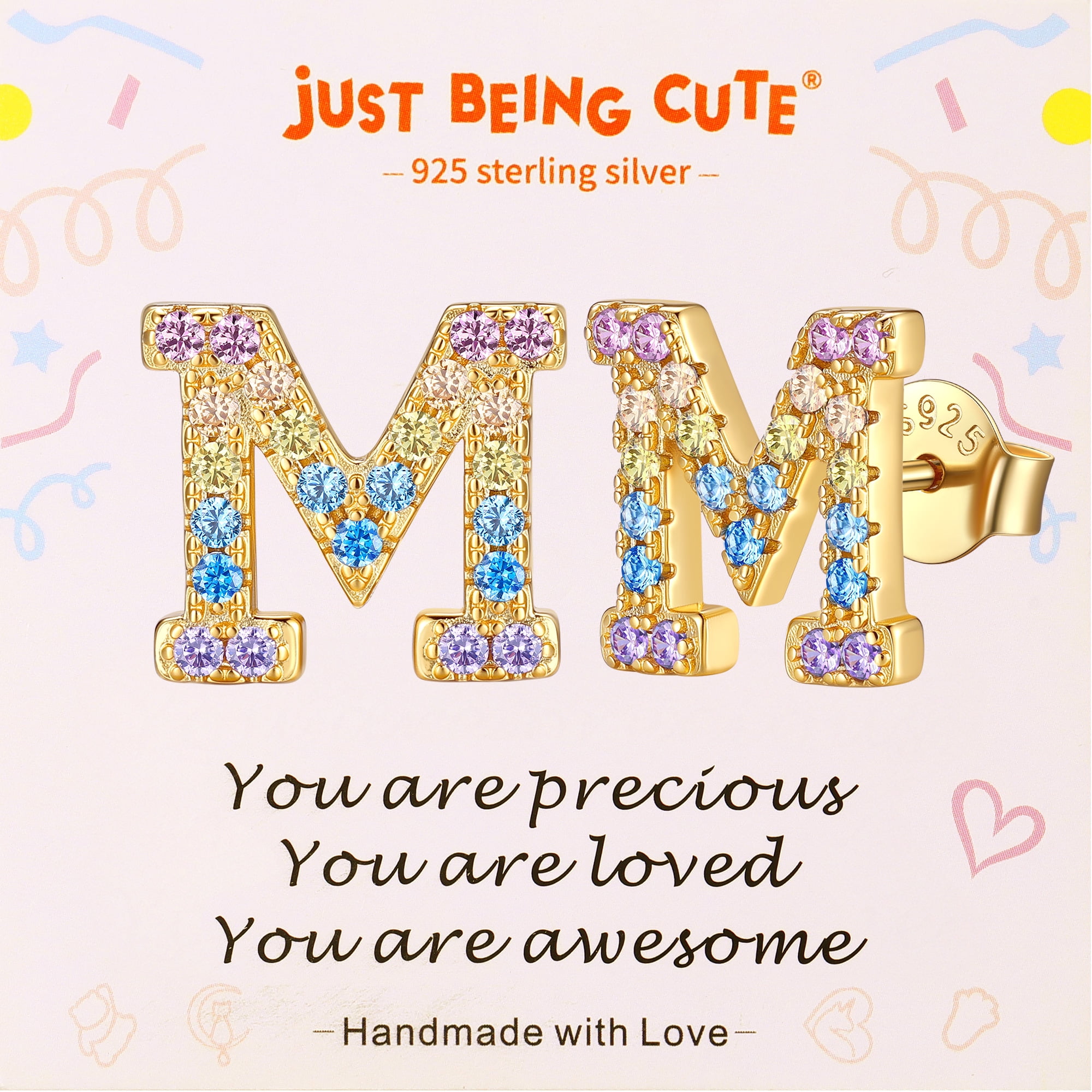 Just Being Cute Initial Earrings for Women Rainbow Cubic Zirconia Letter Stud Earring Hypoallergenic Alphabets M Studs Birthday Mothers Day Jewelry for Mom/Her with Gift Card