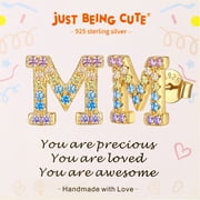 JUST BEING CUTE Initial Earrings for Women Rainbow Cubic Zirconia Letter Stud Earring Hypoallergenic Alphabets M Studs Birthday Christmas Jewelry for Her with Gift Card