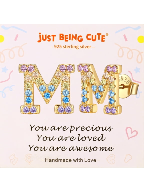 Initial Earrings for Women Rainbow Cubic Zirconia Letter Stud Earring Hypoallergenic Alphabets M Studs Birthday Mothers Day Jewelry for Mom/Her with Gift Card