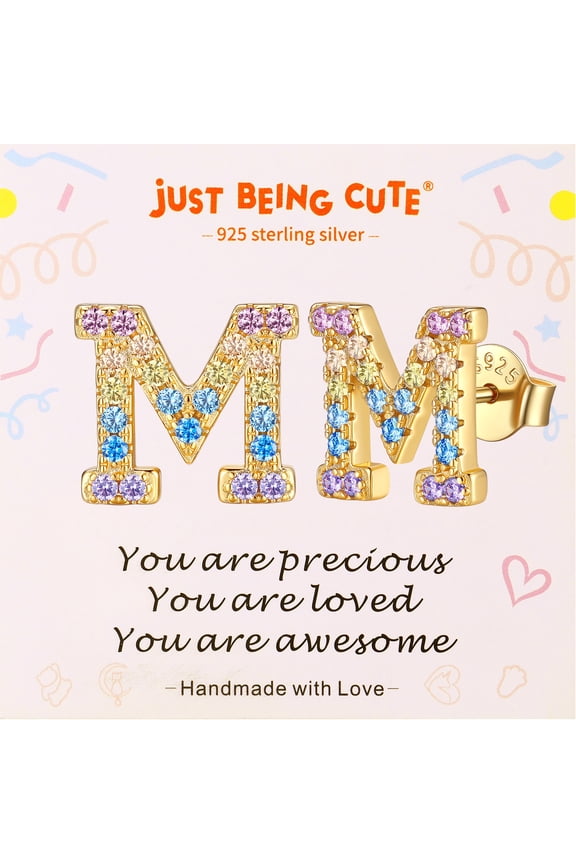 Initial Earrings for Women Rainbow Cubic Zirconia Letter Stud Earring Hypoallergenic Alphabets M Studs Birthday Christmas Jewelry for Her with Gift Card