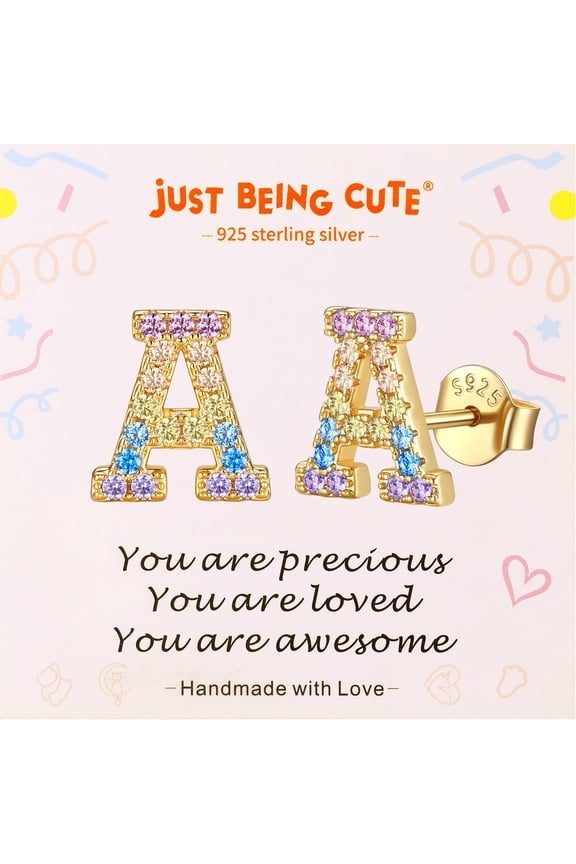 Initial Earrings for Women Rainbow Cubic Zirconia Letter Stud Earring Hypoallergenic Alphabets A Studs Birthday Mothers Day Jewelry for Mom/Her with Gift Card