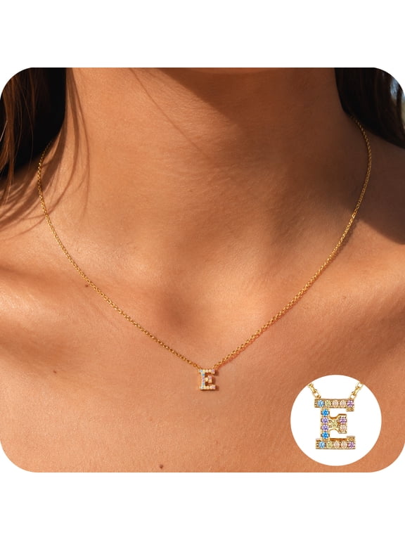 Initial Necklace for Women, Personalized 14K Gold Plated Rainbow CZ Letter E Name Pendant Necklace, Christmas Stocking Stuffer Jewelry Gifts for Mom Wife Daughter