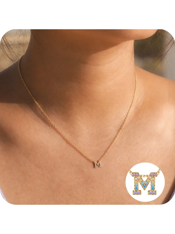 Initial Necklace for Women, Personalized 14K Gold Plated Rainbow CZ Letter M Name Pendant Necklace, Christmas Stocking Stuffer Jewelry Gifts for Mom Wife Daughter