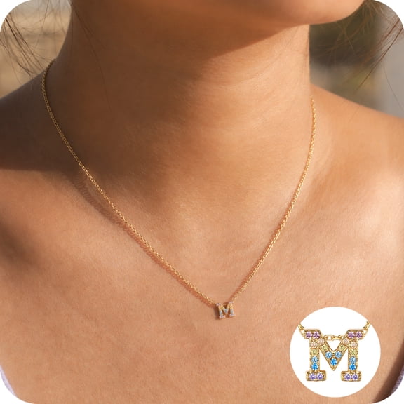 Just Being Cute Initial Necklace for Women, Personalized 14K Gold Plated Rainbow CZ Letter M Name Pendant Necklace, Christmas Stocking Stuffer Jewelry Gifts for Mom Wife Daughter