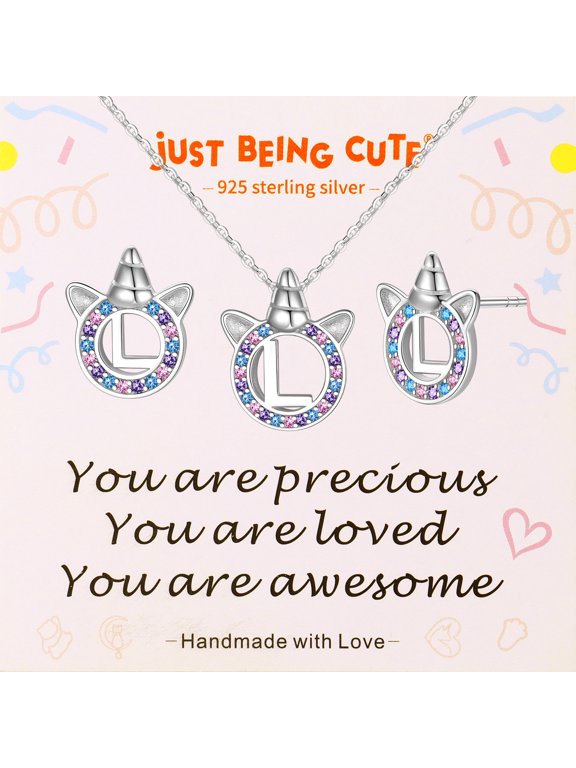 925 Sterling Silver Necklace and Earrings Set for Women, Hypoallergenic Unicorn Initial L Jewelry Sets Gifts for Birthday Christmas
