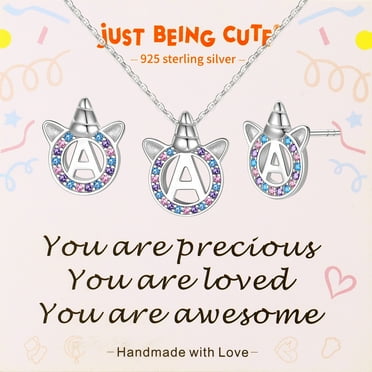 JustBeingCute Jewelry Sets for Girls, Initial Letter A Unicorn Necklace and Earrings Set for Women