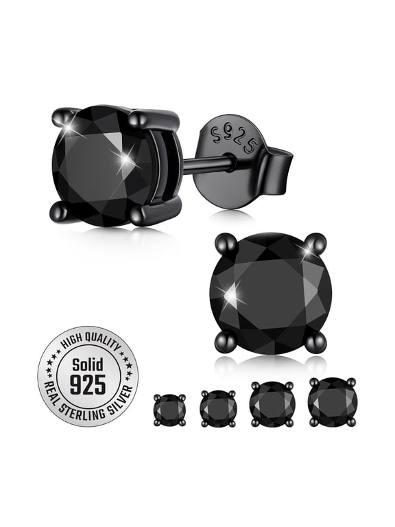 Men's Black Earrings Hypoallergenic Sterling Silver Stud Earrings, 1.5 Carat Round Simulated Diamond Cubic Zirconia Studs Dazzling Gifts for Women/Men