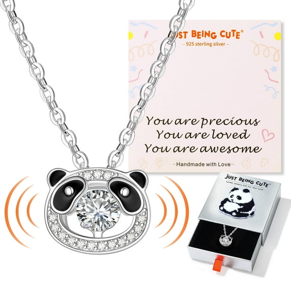 Just Being Cute Panda Necklace for Women, 925 Real Sterling Sliver Moissanite Dancing Pendant Necklace Birthday Mothers Day Jewelry Gifts Her Mom Lady Adults Ideas