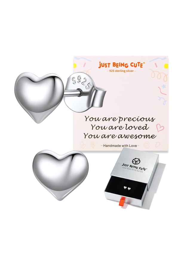Silver Heart Earrings for Women, Hypoallergenic Puffy Heart Studs Earrings with 925 Sterling Silver Post, Birthday Graduation Mothers Day Jewelry Gifts for Mom/Wife/Her, 7mm