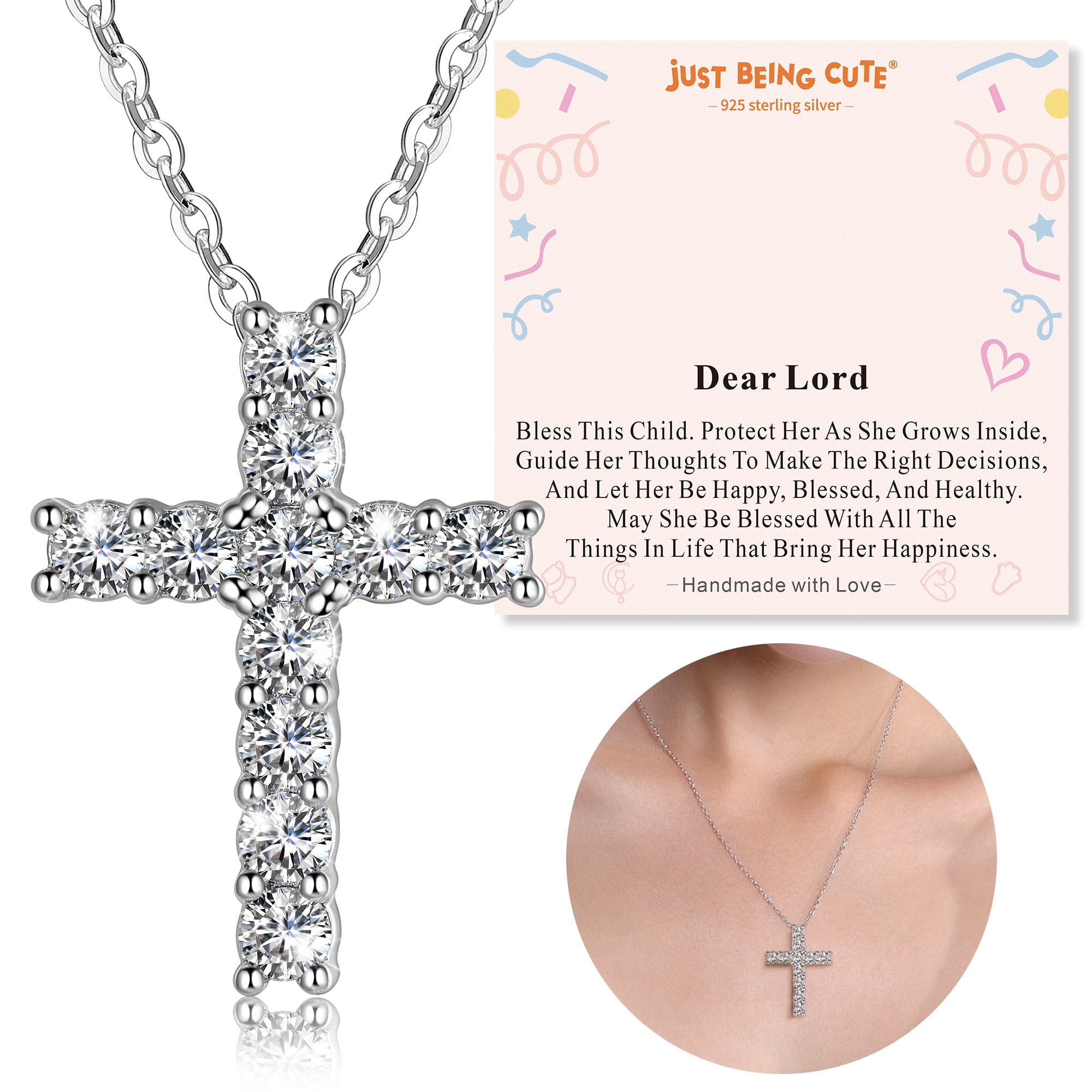 Just Being Cute Cross Necklace for Women, Cubic Zirconia Cross Pendant 925 Sterling Silver Jewelry Gifts for Her with Dear Lord Card, Baptism/Graduation