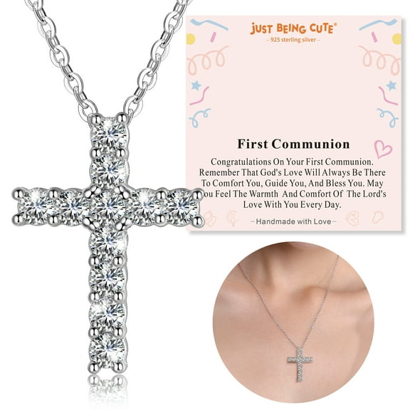 JustBeingCute Girls Cross Necklace 925 Sterling Silver Cubic Zirconia Necklaces for Women, Birthday Baptism Christian Gifts for Goddaughter with First Communion Card