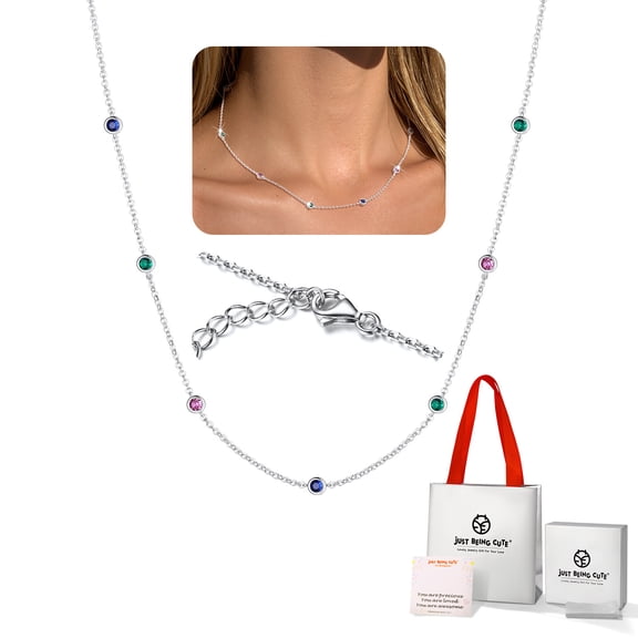 Just Being Cute Silver Chain Necklaces for Women 3mm Colorful Cubic Zirconia Station Necklace Birthday Mothers Day Jewelry Gifts Mom Her Wife Lady Adults Ideas, 16''+2'' Extender