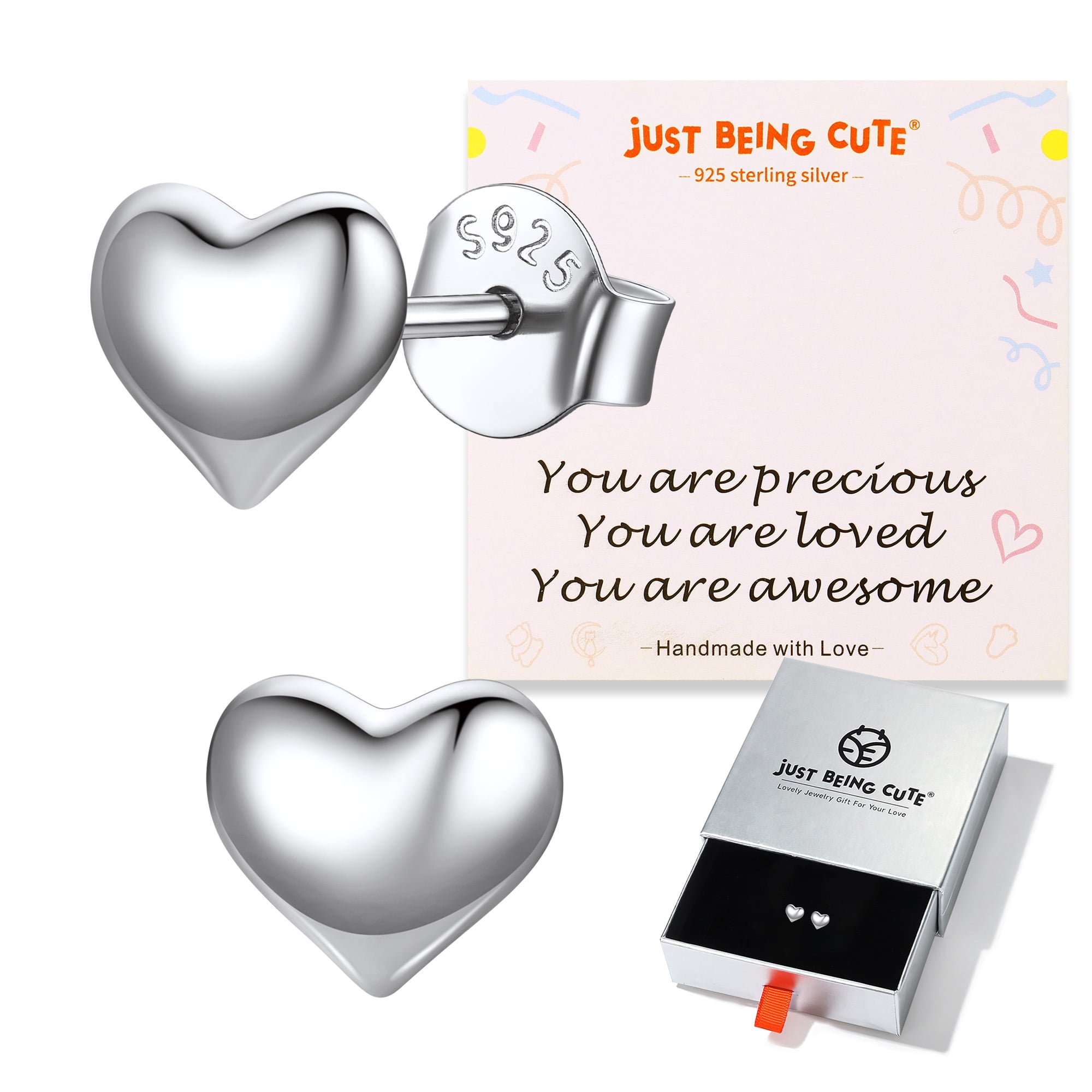 Just Being Cute Real Sterling Silver Heart Earrings for Women, Silver Heart Stud Earrings Birthday Graduation Mothers Day Jewelry Gifts for Mom/Wife/Her, 7mm