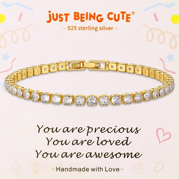 Just Being Cute Tennis Bracelet for Women 14K Gold Plated 3mm Cubic Zirconia Bracelets Wedding Birthday Jewelry Gifts with Card for Her Girlfriend, 6.5 inch
