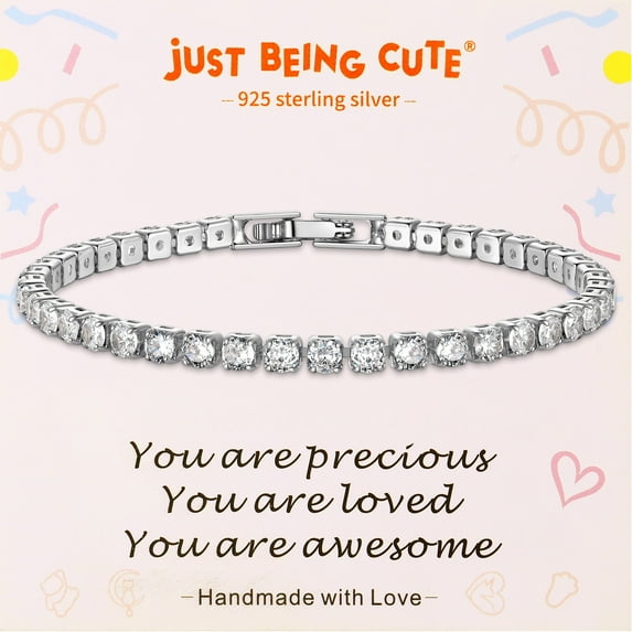 Just Being Cute Tennis Bracelet for Women White Gold Plated 3mm Silver Crystal Bracelets Wedding Birthday Jewelry Gifts with Card for Her Girlfriend, 6.5 inch
