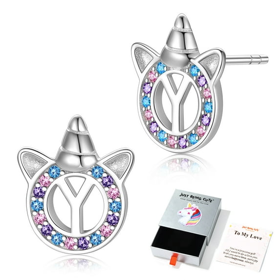 Just Being Cute 925 Sterling Silver Earrings for Girls Women, Initial Cubic Zirconia Stud Earring Unicorn Alphabet Letter Y Stud Jewelry Gifts for Birthday Christmas with Card