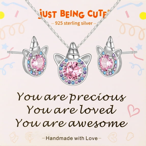 Just Being Cute October Birthstone Necklace and Earring Sets for Daughter Granddaughter, 925 Sterling Silver Unicorn Jewelry Gifts for Women, Birthday/Christmas