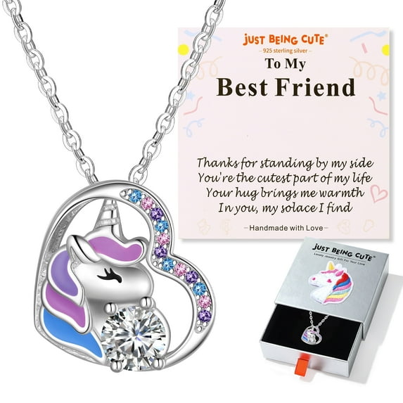Just Being Cute Unicorn Necklace Gifts for Women Hypoallergenic 925 Real Sterling Silver Heart Pendant Moissanite Colorful CZ Jewelry Necklaces for Best Friend