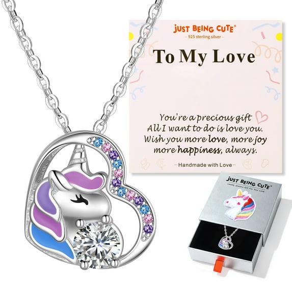 Just Being Cute Unicorn Necklace Gifts for Women Hypoallergenic 925 Real Sterling Silver Heart Pendant Moissanite Colorful CZ Jewelry Necklaces for Love