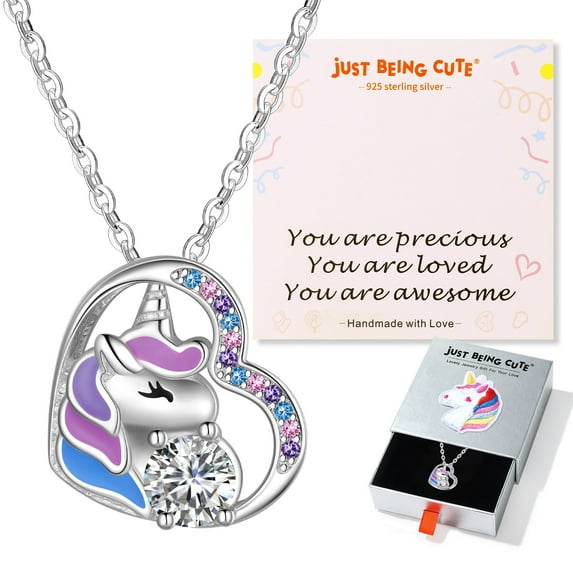 Just Being Cute Unicorn Necklace Gifts for Women Hypoallergenic 925 Real Sterling Silver Heart Pendant Moissanite Colorful CZ Jewelry Necklaces for Her