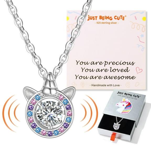 Just Being Cute Dancing Pendant Necklace for Girls, 0.5ct Moissanite Colorful CZ Unicorn Necklaces in Hypoallergenic 925 Sterling Silver Jewelry for Women, Teen Birthday Gifts
