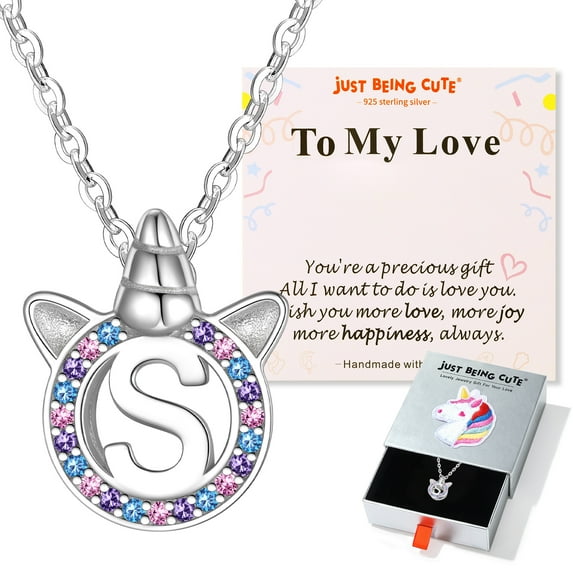Just Being Cute Unicorn Necklace for Girls, Initial Necklaces Hypoallergenic 925 Sterling Silver Letter S Pendant Daughter Jewelry Gift for Birthday Christmas with Love Card
