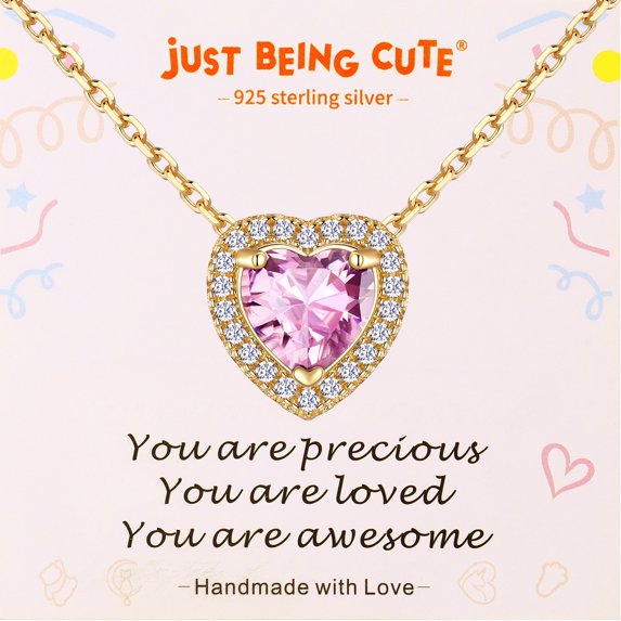Just Being Cute Pink Tourmaline Necklace for Women, 14K Gold Plated Heart Pendant Necklaces 2 Carat Cubic Zirconia Necklace Birthday Mothers Day Jewelry Gifts Her Mom Wife Adult Ideas