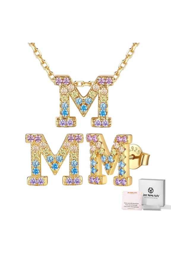 Women Initial M Jewelry Set, 14K Gold Plated Necklace Earrings with Colorful Cubic Zirconia, Personalized Name Birthday Valentines Day Gifts Her Girlfriend Wife Lady Adults Age Ideas