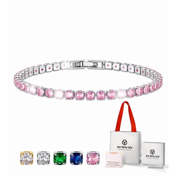 Just Being Cute Tennis Bracelets for Women, 3mm Created Pink Tourmaline - Round Cut October Birthstone Bracelet Platinum Plated Birthday Graduation Jewelry Gifts for Her/Girlfriend, 7"