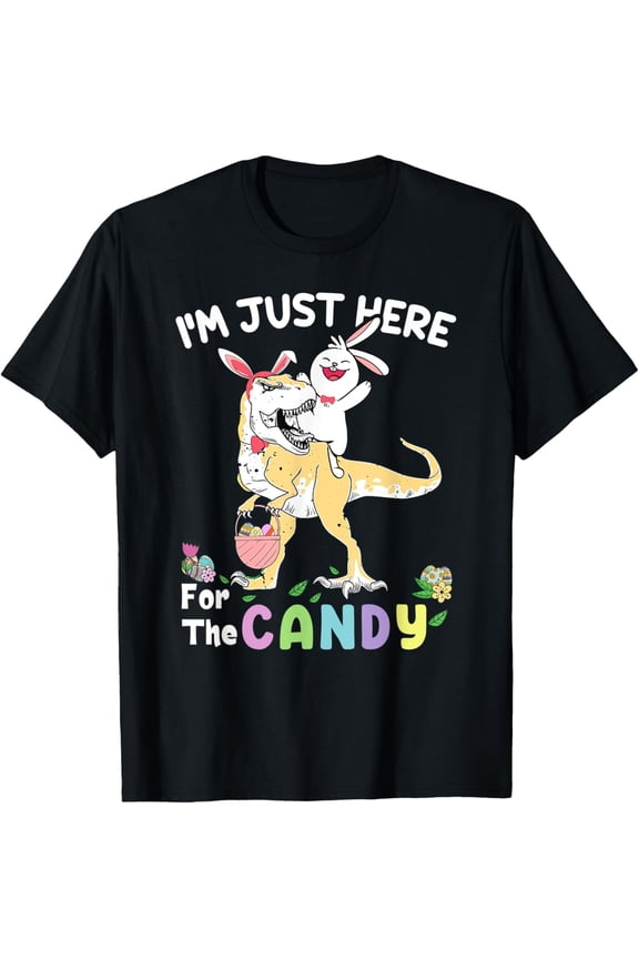 I'm Just Here For Easter Candy Funny Dinosaur Bunny Easter T-Shirt- 2026 Easter Soft Casual Cotton Short Sleeve T-Shirt Easter Bunny & Eggs Lightweight Graphic Holiday Tee