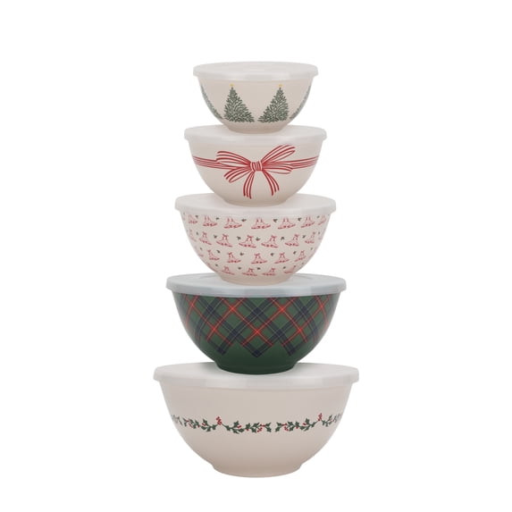 Just Feed Me by Jessie James Decker 10-Piece Holiday Melamine Mixing Bowl Set with Lids, Nesting Food Prep & Storage Bowls, Multicolor