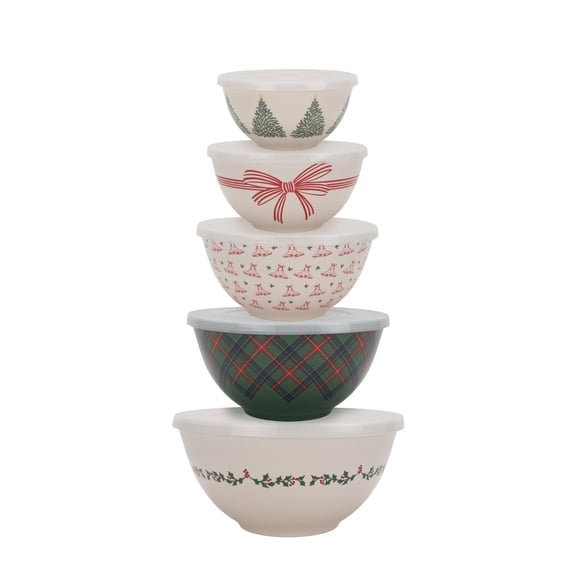 Just Feed Me by Jessie James Decker 10-Piece Holiday Melamine Mixing Bowl Set with Lids, Nesting Food Prep & Storage Bowls, Multicolor