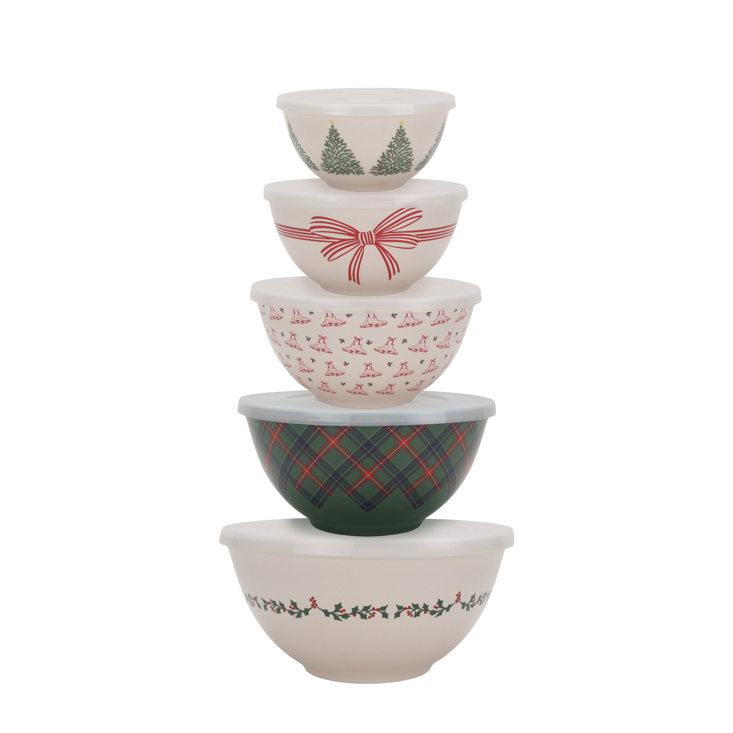 Just Feed Me by Jessie James Decker 10-Piece Holiday Melamine Mixing Bowl Set with Lids, Nesting Food Prep & Storage Bowls, Multicolor